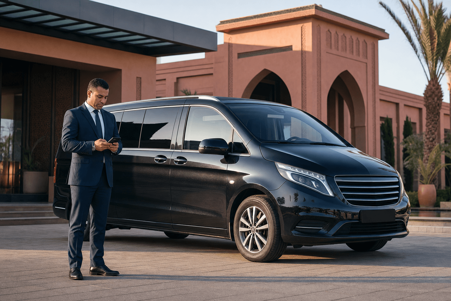 Professional InTravel chauffeur checking a ride beside a premium passenger van in Marrakech